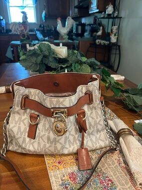 Michael Kori  Hamilton Cream MK Logo Shoulder Bag with Brown Leather Trim